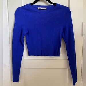 Zara Blue Fitted Crop Long Sleeve Tee